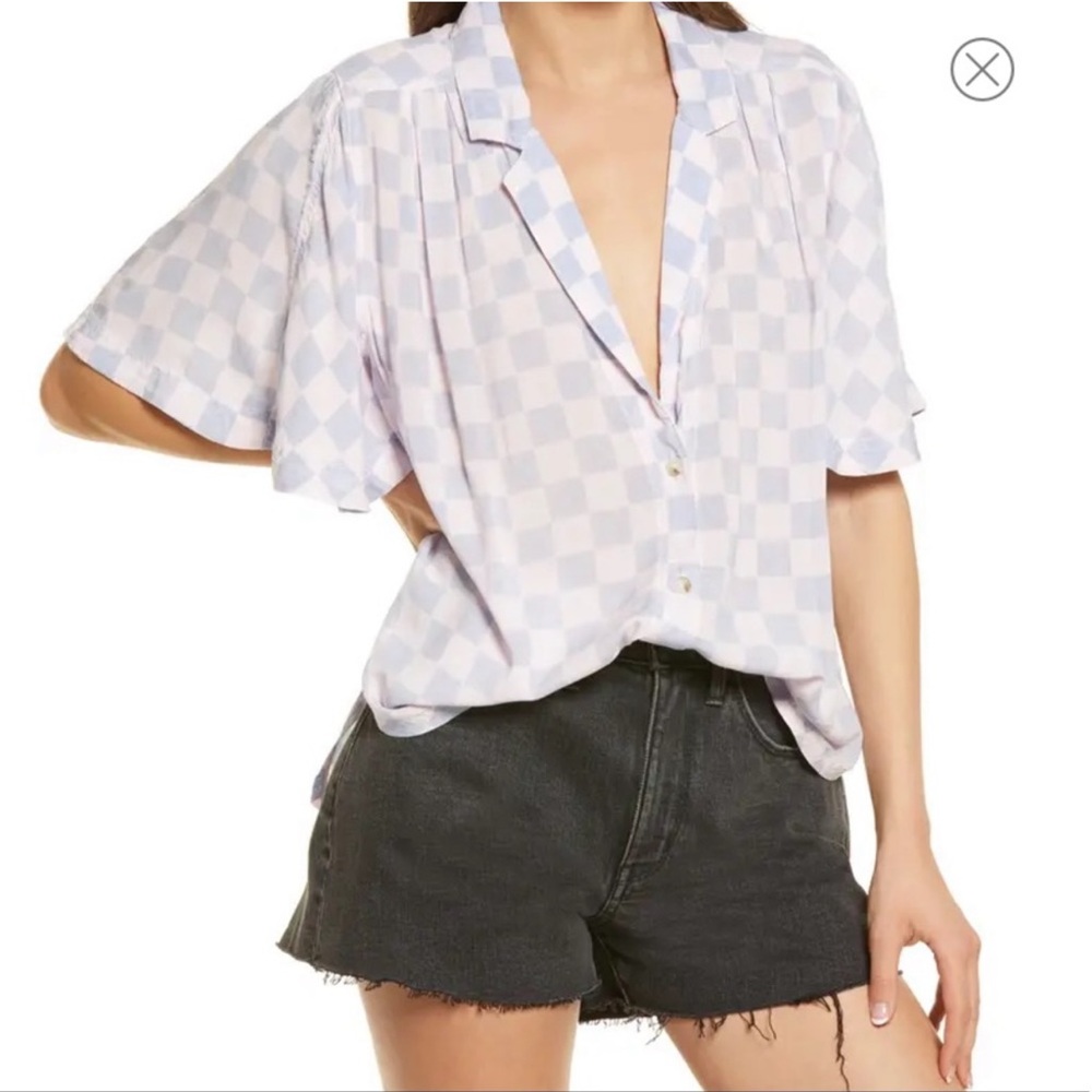Free People Checkered Blouse in Lavender and Pink